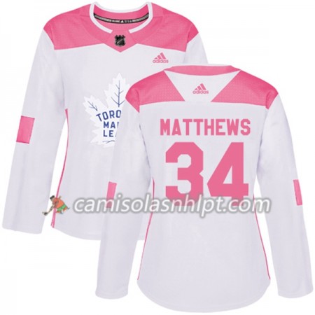 Camisola Toronto Maple Leafs Auston Matthews 34 Adidas 2017-2018 Branco Rosa Fashion Authentic - Mulher
